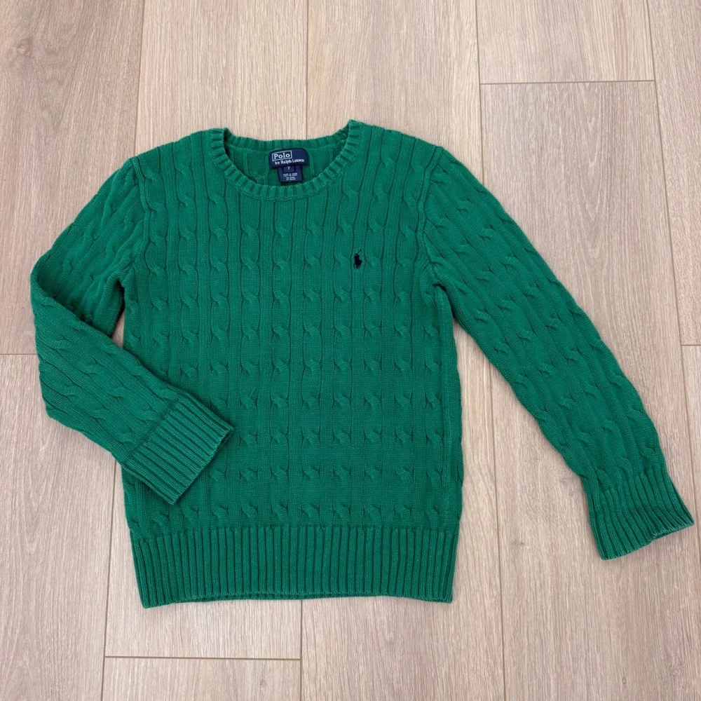 A15 Polo Ralph Lauren Boys Green Cable Knit Crewneck Sweater Size 7 Pony Logo